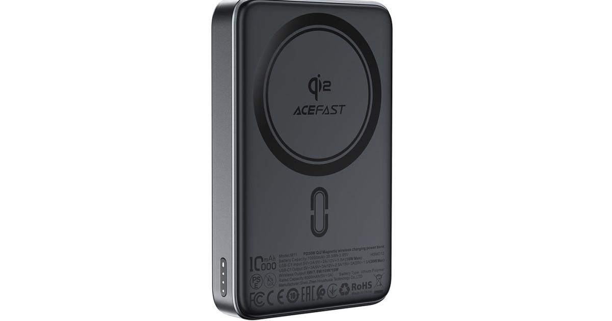 باور بنك (شاحن متنقل) ACEFAST M11 10000mAh Qi2 15W Magnetic Wireless Charging Fast Charging For iPhone 16/15 USB C PD30W Extra Battery Travel - Black