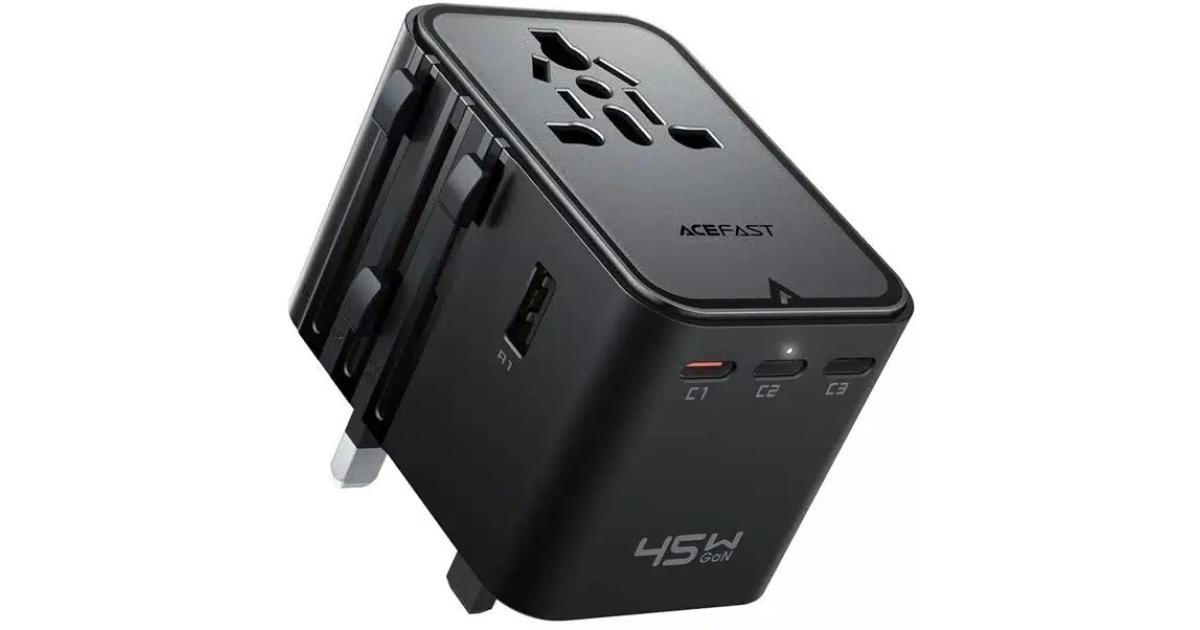 شاحن ACEFAST Z8 PD 45W GaN – 3 USB-C + 2 USB-A Multifunctional International Travel Adapter - Black