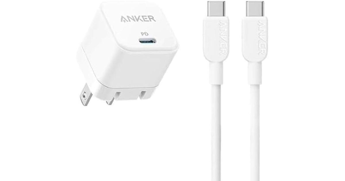 شاحن Anker USB-C Fast 20W with Foldable Plug + USB-C to USB-C Cable – Compact Power Adapter for iPhone 15 Series, Galaxy, Pixel, iPad & More – White