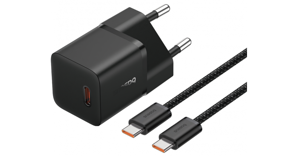 شاحن Baseus GaN5 Fast (mini) 1C 20W EU Cluster Black (With: Baseus Dynamic 3 Series Fast Charging Data Cable Type-C to Type-C 100W 1m Cluster Black)