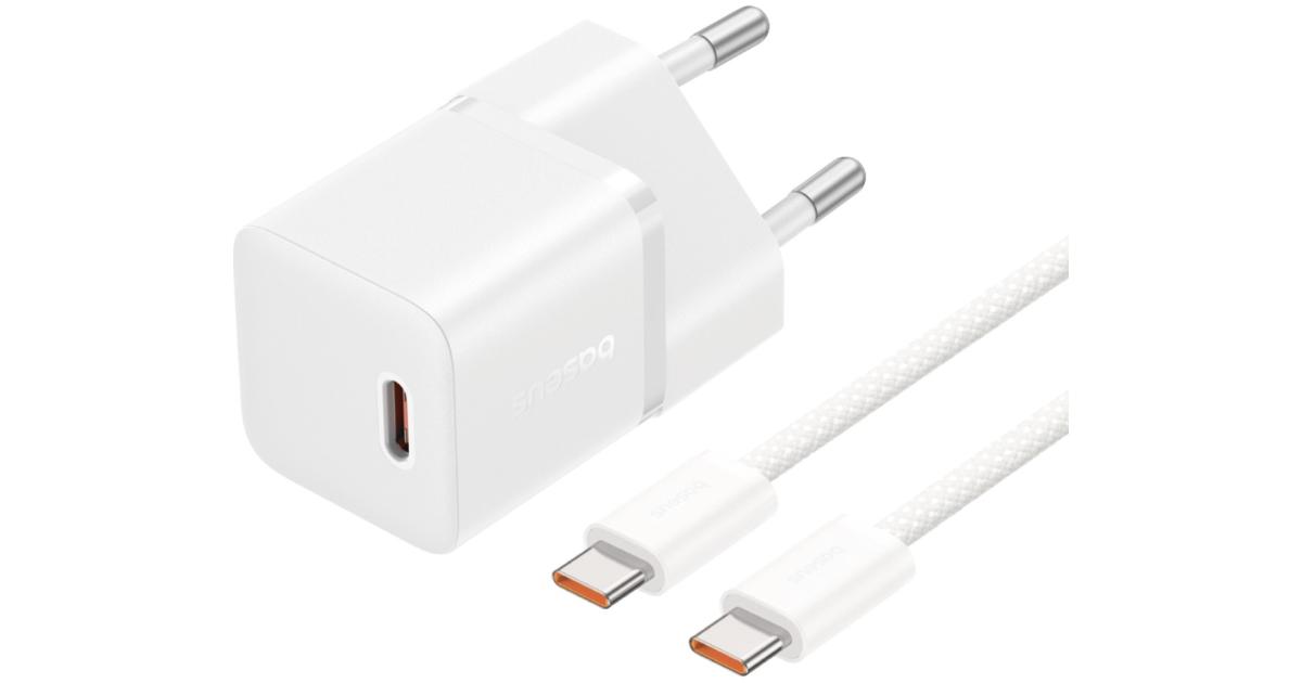 شاحن Baseus GaN5 Fast (mini) 1C 20W EU Moon White (With: Baseus Dynamic 3 Series Fast Charging Data Cable Type-C to Type-C 100W 1m Moon White)