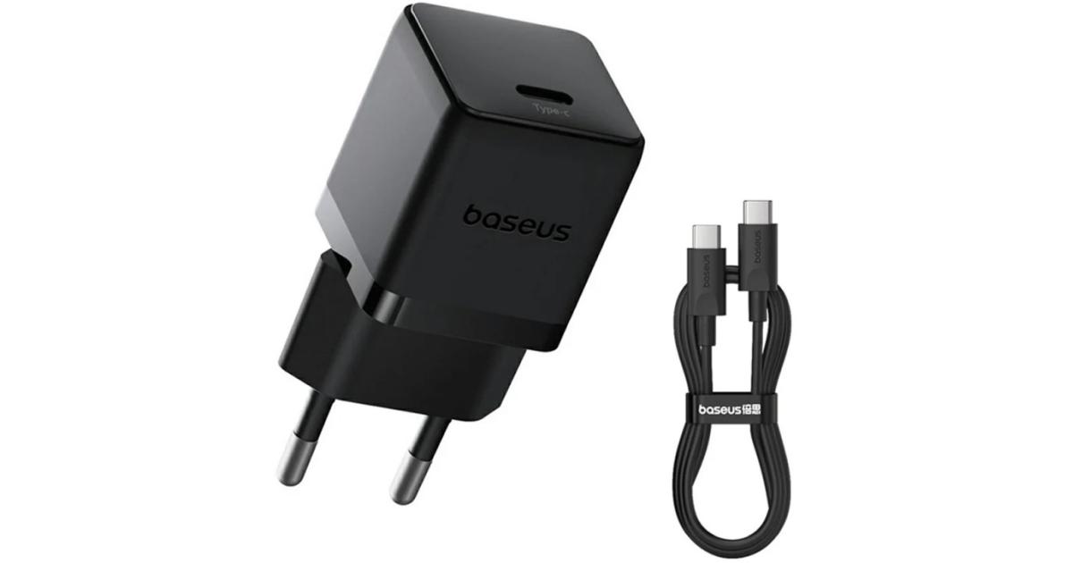 شاحن Baseus Palm Fast 1C 20W EU Cluster Black (with Baseus Mini White Cable USB-C to USB-C 60W (20V/3A) 1m Cluster Black)
