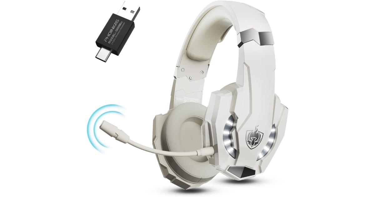 سماعة ألعاب (رأس) PHOINIKAS Wireless with mic for PS4 PS5 PC Switch, 2.4G Wireless Over Ear USB Gaming Headphones with 7.1 Stereo Sound, Low Latency, 15H Battery Life - White