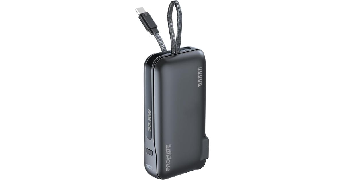 باور بنك (شاحن متنقل) Promate Dual-Mode AC/DC Charger and 10000mAh with 20W USB-C Port, Built-In USB-C Cable, 22.5W USB-A Quick Charge, Digital Display, and Multi-Protection System for Safe - Black