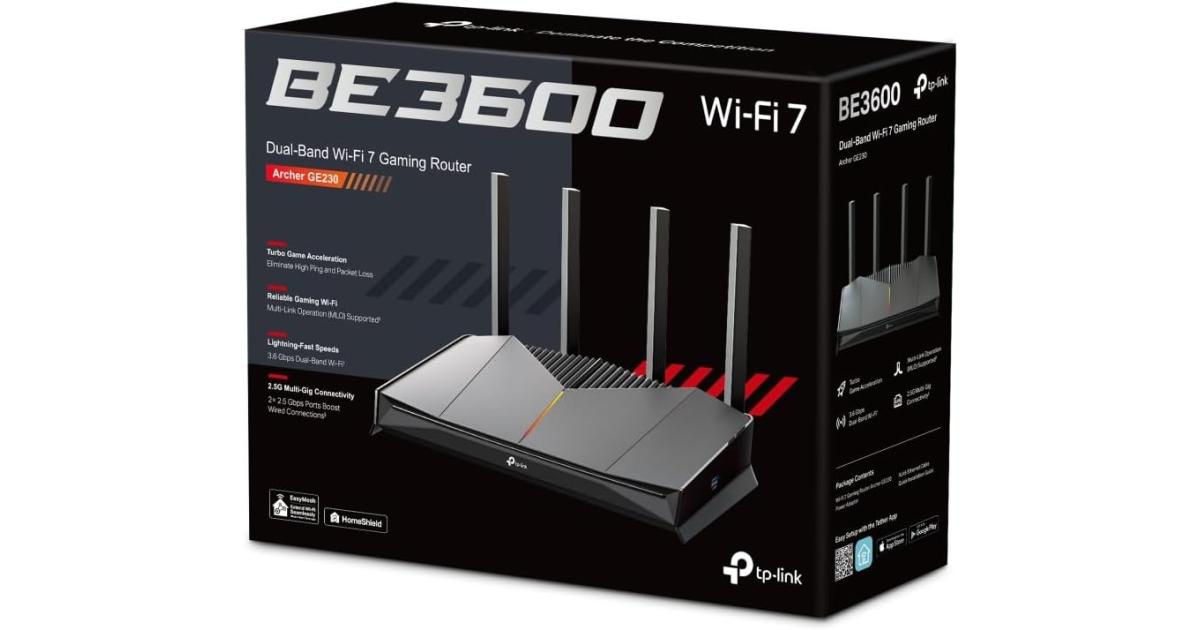 معالج TP-Link Archer GE230 BE3600 Dual-Band Wi-Fi 7 Router, 2x 2.5G LAN Ports, Quad-Core , RGB Lighting, 5GHz 2882 Mbps & 2.4GHz Wi-Fi Speed, 688 Mbps 3.6 Gbps Wi-Fi 7, Black