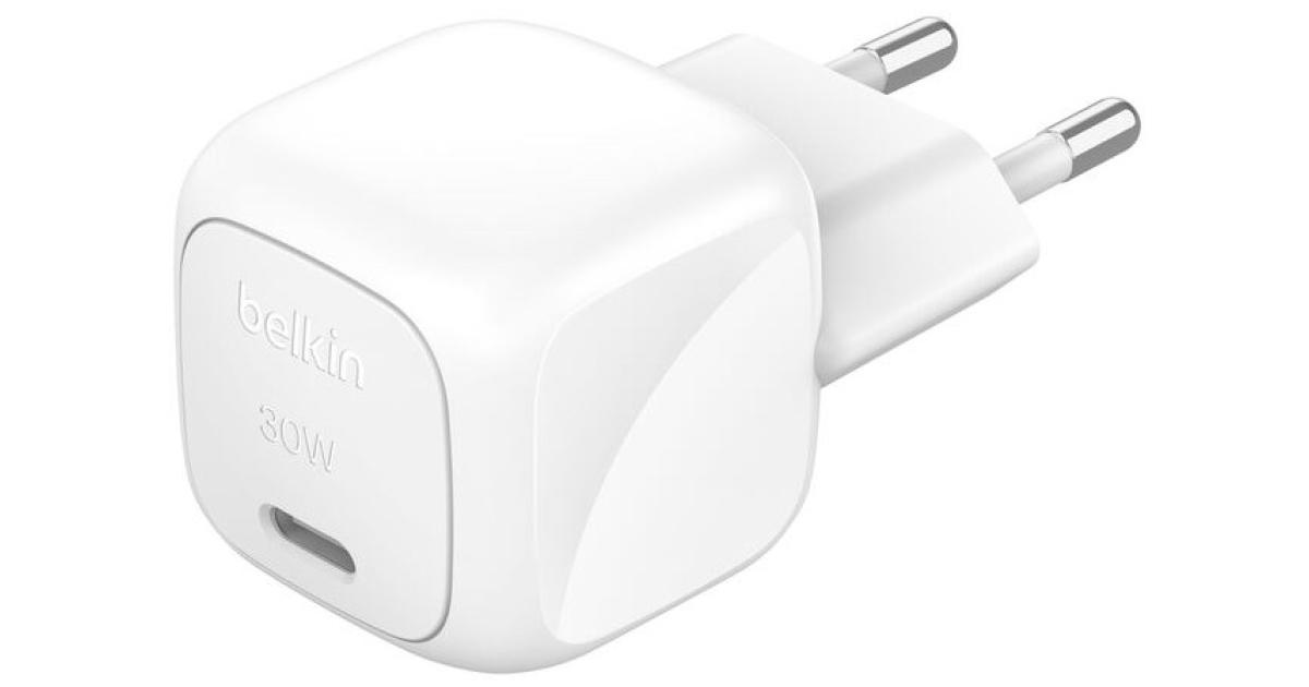 شاحن Belkin BoostCharge Compact 30W USB-C PD Fast Charging AC for All iPhone 16 and iPhone 15 Models Samsung Galaxy S25, iPad, AirPods, and More - White