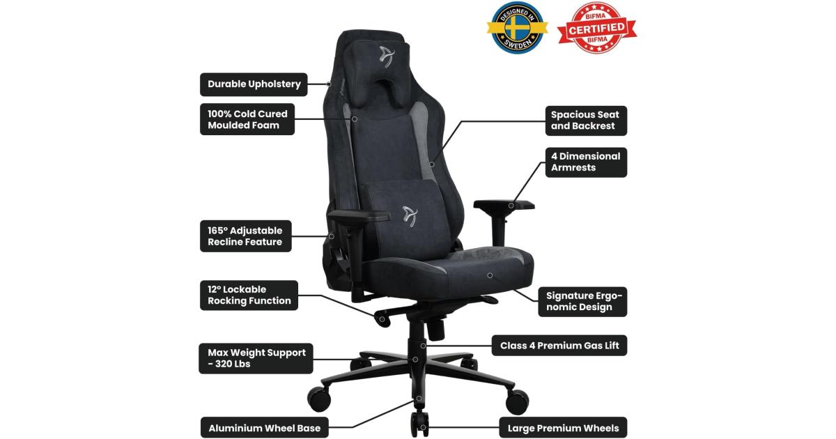 Arozzi Vernazza Supersoft Upholstery Material has a Unique Velvety Texture That is Fluid-Repellant & Breathable Memory Foam Lumbar Support 4D Armrest - Black