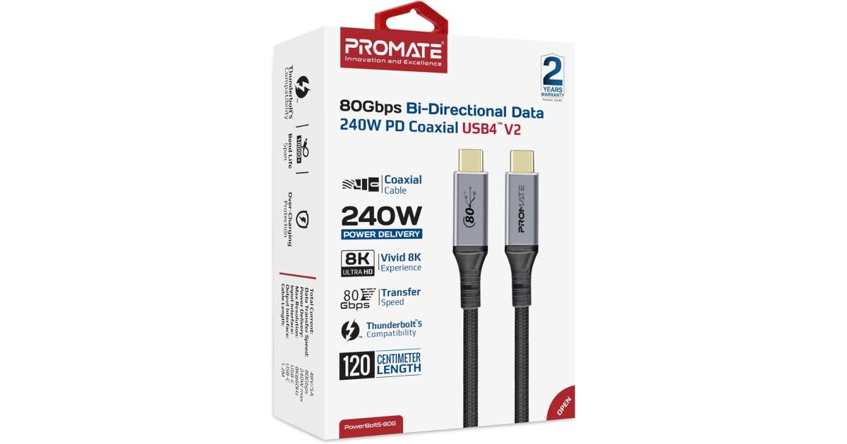 Promate PowerBolt5-80G Thunderbolt 5 USB 4 Cable 80Gbps Data Transfer, 240W Power Delivery, 8K Ultra HD Display Support, USB-C to USB-C 1.2M Cable, Compatible with Thunderbolt 5, Durable Build Black