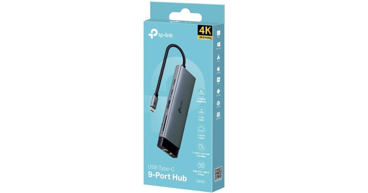 TP-Link UH9120C USB Type-C Hub 9-in-1 with a 4K@60Hz HDMI, 1 Gbps ethernet, SD & microSD UHS-I, USB-C, 3× USB-A Data Ports, 100W Fast Charging, Plug and Play