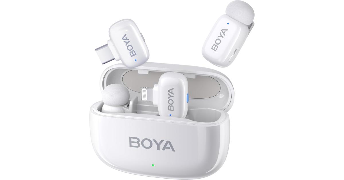 BOYA Mini Wireless Microphone for iPhone/Android/PC/Tablets with USB C/Lightning Plug, MFi Certified, Noise Reduction, AI Voice Changer, 30H Battery Life with Charging Case for Video Recording Podcast - White