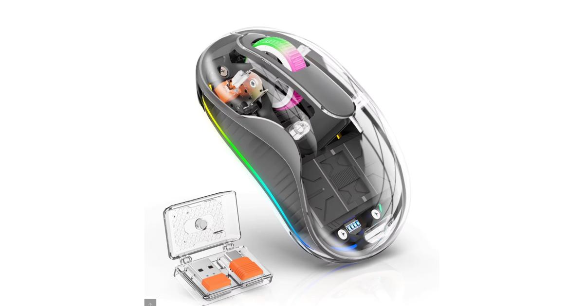ماوس Coteci Dual Receiver Crystal silent with RGB lights, 5.1 Bluetooth dual receiver USB A & Type-C 2.4G 2400 DPI