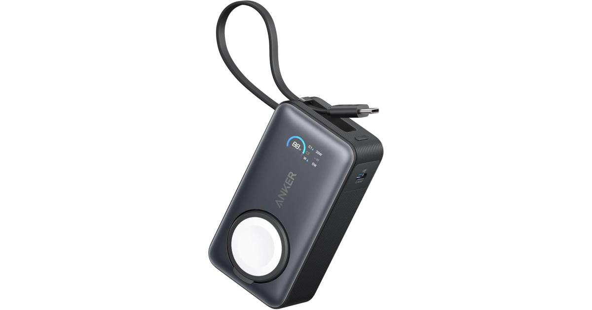 باور بنك (شاحن متنقل) Anker MagGo for Apple Watch, Officially Certified 10,000mAh Compact Battery Pack with Built-in USB-C Cable, 35W Max, for iPhone 15 Series, Samsung, iPad, AirPods, and More - Black