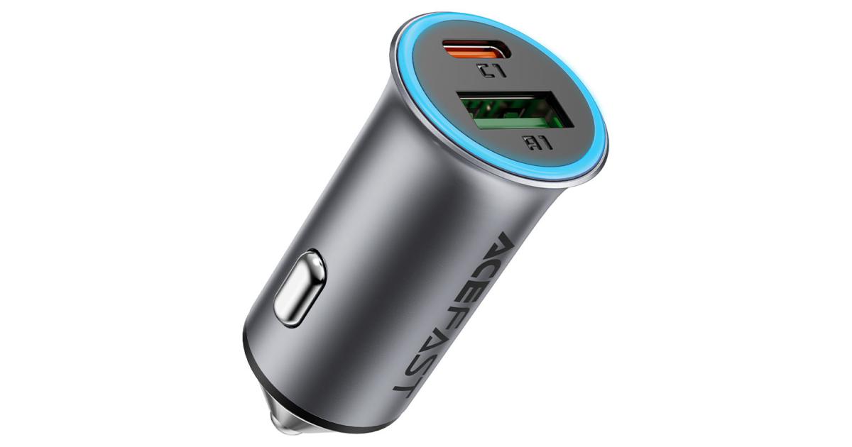 شاحن سيارة ACEFAST B16 95W Metal Dual Port USB-A + USB-C Fast Charging Car Power Adapter Cigarette Lighter - Black