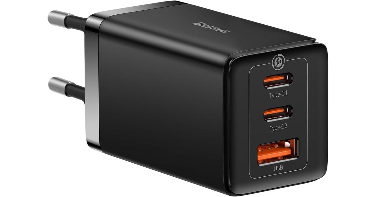 شاحن حائط Baseus Travel Charger GaN5 Pro Fast , C+C+U, QC, AFC, PD 65W with Type-C to Type-C (100W) Cable 1m, Black