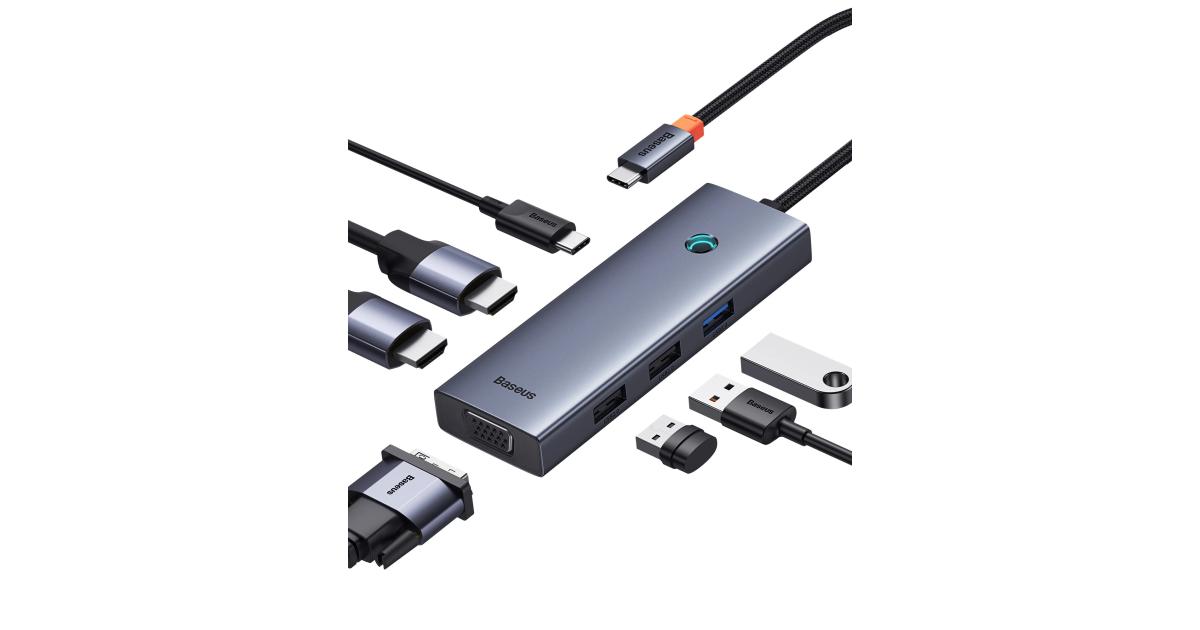 Baseus PortalJoy Series 7-Port Triple-Display HUB Type-C to HDMI4K@60Hz*1+HDMI4K@30Hz*1+VGA*1+USB3.0*1+USB2.0*2+PD*1 - Space Grey