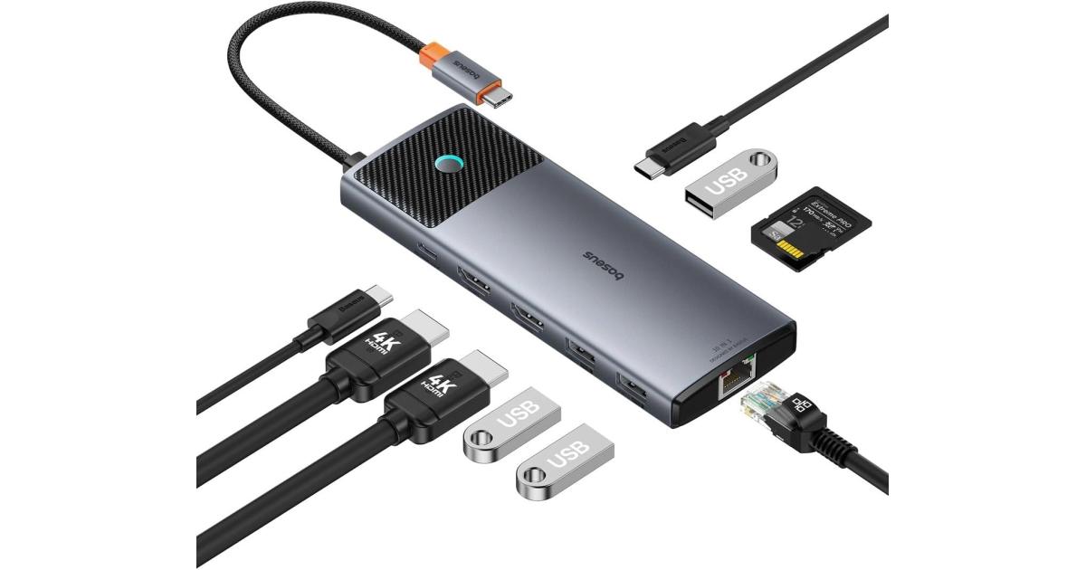 Baseus Hub 10in1 Metal Gleam II Series, USB-C to 1xHDMI, USB-A (10Gbps), USC-C, 2xUSB-A, Ethernet RJ45, SD/TF card, mini-jack 3,5mm, USB-C(PD) - Space Grey