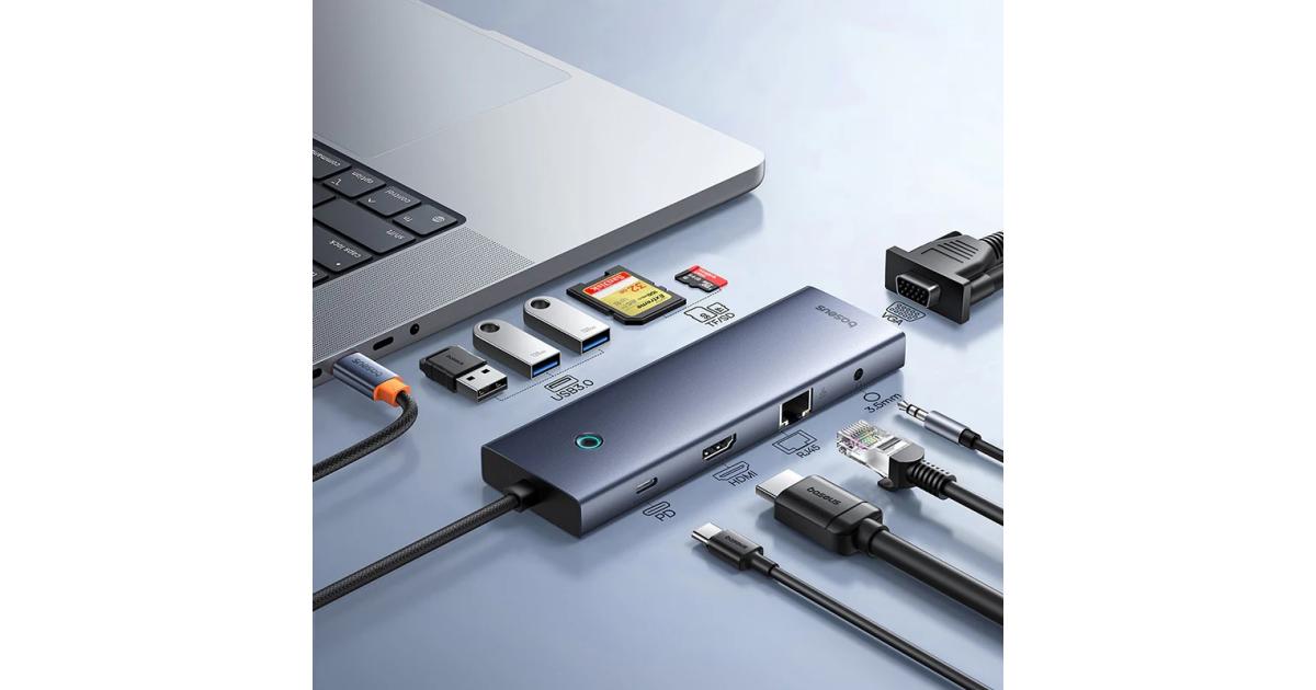 Baseus UltraJoy Series 10-Port HUB Docking Station, Type-C to HDMI, VGA, 3xUSB 3.0, PD, RJ45, SD/TF - Space Gray