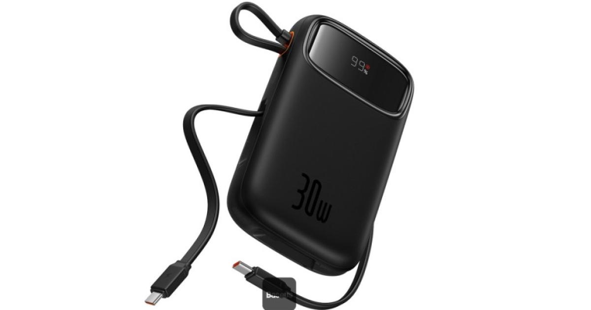 باور بنك (شاحن متنقل) Baseus QPow2 10000mAh Digital Display Fast Charge 30W With Built-in Dual Type-C Cable - Black