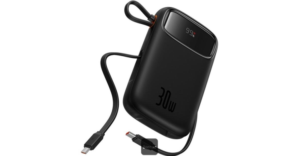 باور بنك (شاحن متنقل) Baseus QPow2 20000mAh Digital Display Fast Charge 30W With Built-in Dual Type-C Cable - Black
