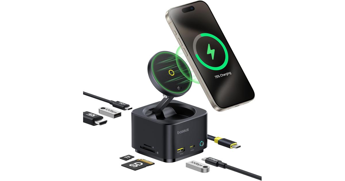 Baseus MagPro Series II 7-in-1 USB-C Hub with 15W Qi2 Wireless Charger, 4K@60Hz HDMI, 100W PD, 10Gbps Ports, SD Card Reader – Black