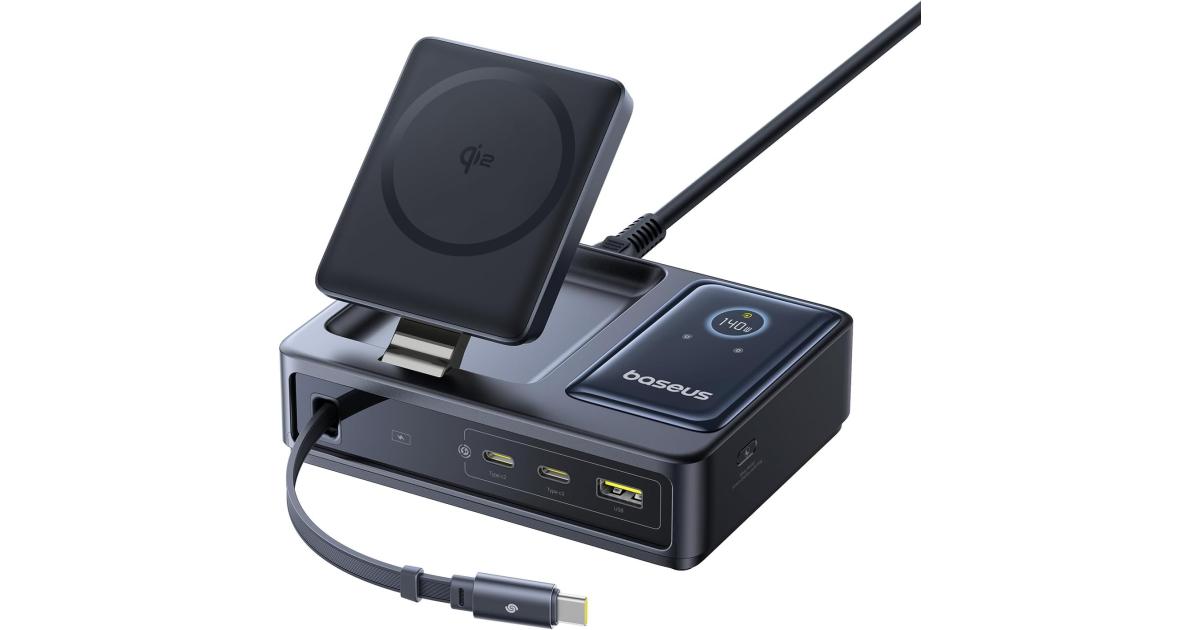 لابتوب آبل MacBook Pro Baseus Nomos 5-in-1 Charging Station 140W, Qi2 Certified 15W Magnetic Wireless Charger with 100W Retractable Cable, GaN Fast USB C Desktop Charger for Magsafe, iPhone 16/15 Pro Max,