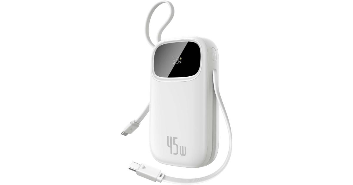 باور بنك (شاحن متنقل) Baseus Qpow 3 Digital Display with 2 Built-in USB-C Cables 10000mAh 45W Cosmic - White