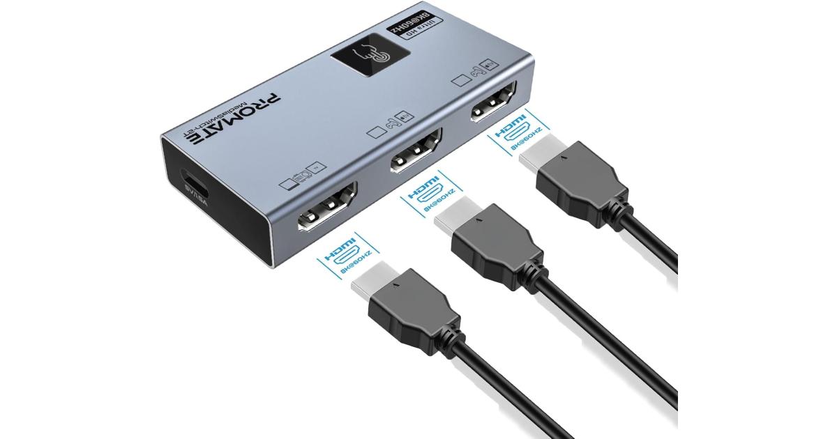 Promate MEDIASWITCH-2T HDMI Switch Adapter, Premium Ultra High-Resolution HDMI Switch with 8K@60Hz, 4K@120Hz Display, 3 HDMI Ports, Touch Control and Ultra-Compact Design