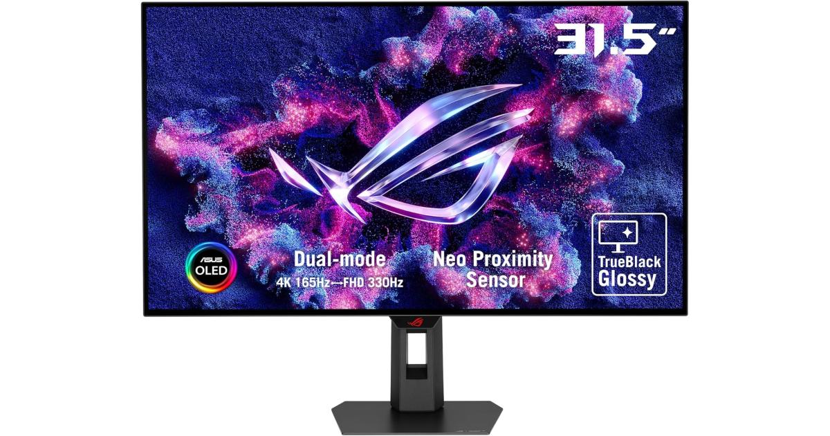 ASUS ROG Strix OLED XG32UCWG 32” 4K TrueBlack Glossy™ OLED , Dual Mode (4K 165Hz, FHD 330Hz), 0.03ms, DisplayHDR™ 400 , G-SYNC Compatible, Custom Heatsink, Auto KVM, USB Type-C