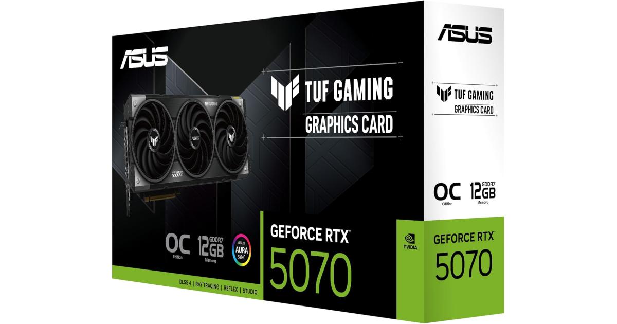 كرت شاشة ألعاب ASUS TUF Gaming GeForce RTX ™ 5070 12GB GDDR7 OC Edition (PCIe® 5.0, HDMI®/DP 2.1, 3.125-slot, Military-Grade Components, Protective PCB Coating, axial-tech Fans)
