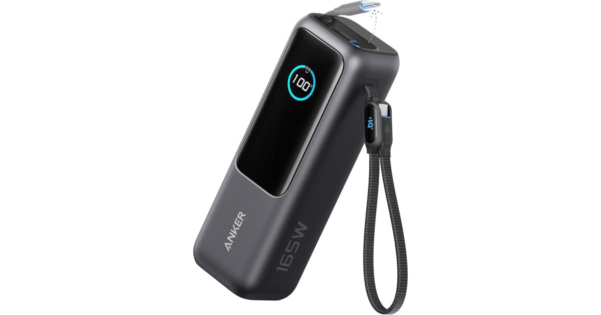 لابتوب آبل MacBook Anker Zolo Power Bank 165W, 25,000mAh Portable Charger with Triple 100W USB-C Ports for Multi-Device Charging, Built-in and Retractable Cables, for iPhone 16/15 Series, , Samsung, and Laptop's - Black