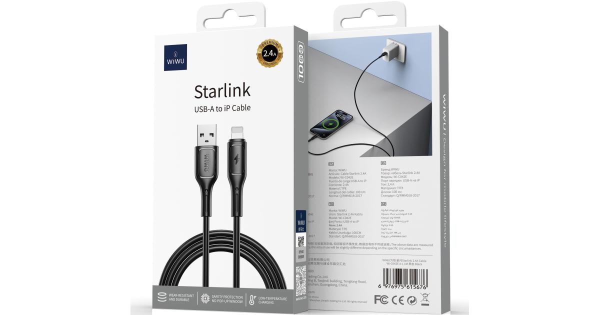 كابل شحن WiWU Wi-C042E A-L 2.4A USB - A to Lightning Data Transfer Cable 1M - Black