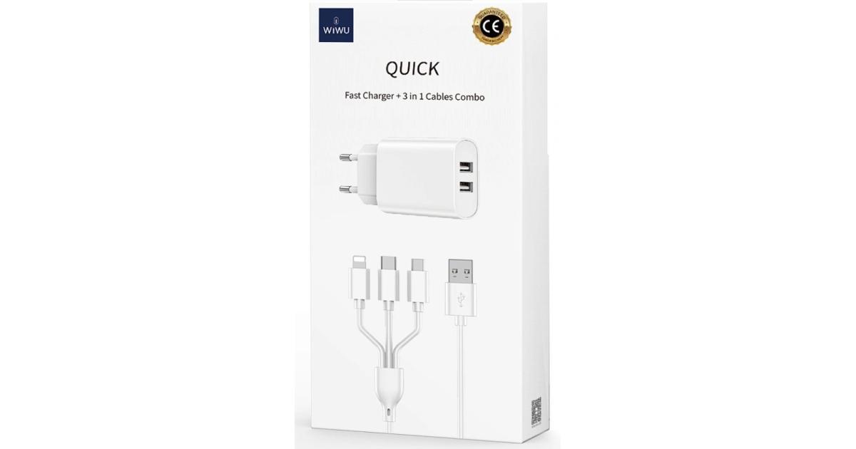 شاحن WIWU Wi-U003 Quick Series Dual USB with 3 in 1 USB To Type-C + Lightning + Micro, Charging Data Cable Set- White
