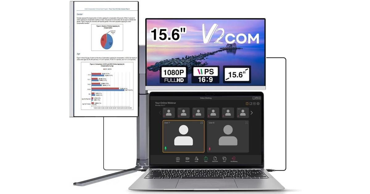 شاشة V2COM Z2 15.6'' Portable Triple for Laptops, Ultra-Thin IPS Narrow border Screen Extender, Compatible with Mac, Windows & Chrome - Perfect for Multitasking, Fits Most Laptops