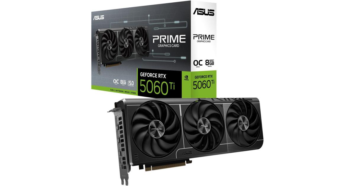 ASUS PRIME GeForce RTX 5060 TI 8GB GDDR7 128-Bit Memory, 2572 MHz Boost Clock, 28 Gbps Memory Speed, 4608 CUDA Cores