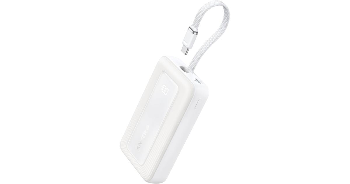 باور بنك (شاحن متنقل) Anker A1688 Zolo Portable Charger, 10,000mAh 30W with Built-in Lanyard USB-C Cable for Travel, Fast Charging Battery Pack - White
