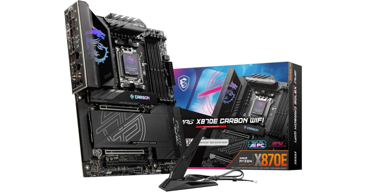 MSI MPG X870E Carbon Wi-Fi AM5 ATX AMD X870E Chipset DDR5 4x M.2 Slots, 3x PCI-E x16 Slots, Wi-Fi 7 & BT5.4 Connectivty, Black