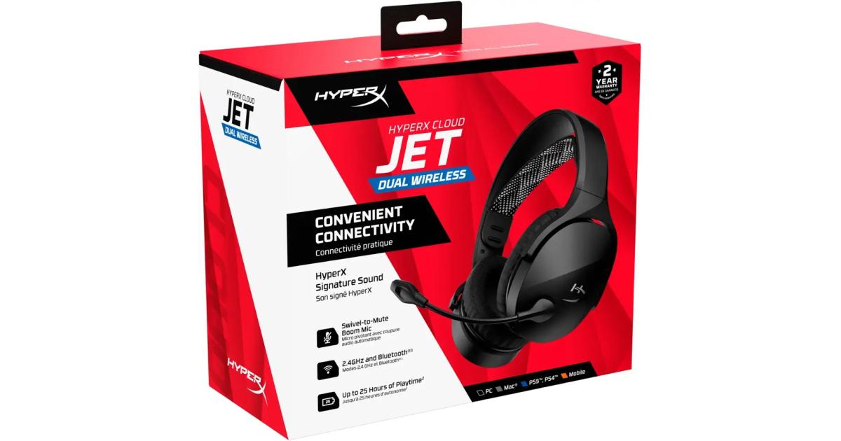 سماعة ألعاب (رأس) HyperX Cloud Jet Dual Wireless & Bluetooth Signature HyperX Sound Swivel-to-mute Boom Mic Up to 25 hours of Playtime Intuitive Audio Controls , Black