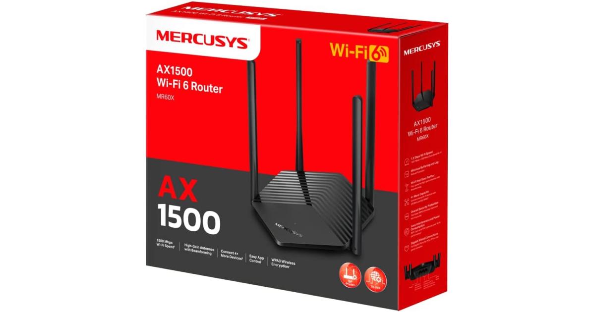 راوتر Wi-Fi 6 Mercusys MR60X AX1500 , Dual-Band, Wired/ Wireless, OFDMA, MU-MIMO, 4 High-Gain Antennas, Gigabit Ports, Smart Connect, WPA3 Security, Power Saving, Parental Control, Guest Network