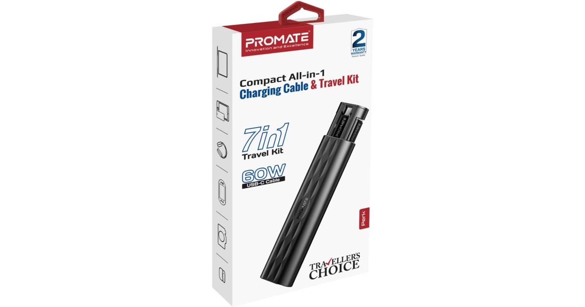 كابل شحن Promate Perk Compact All in 1 and Travel Kit, Supports a USB-C Cable, 20V/3A, Versatile Card Slots, 60W Fast Charge, Black
