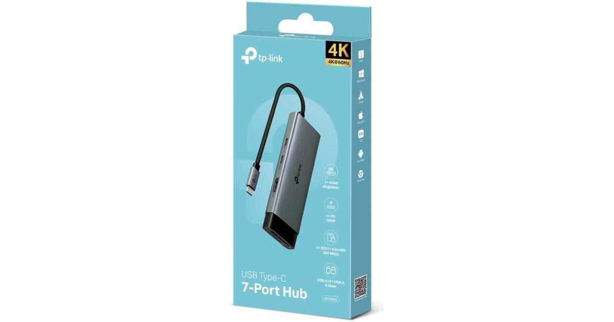 Tp-Link UH7020C USB Type-C 7 in 1 Hub, 4K HDMI, SD & microSD UHS-I, PD 100W, USB 3.0, Plug & Play, Mac, Windows, Linux, iPadOS, iOS, Android, Chrome