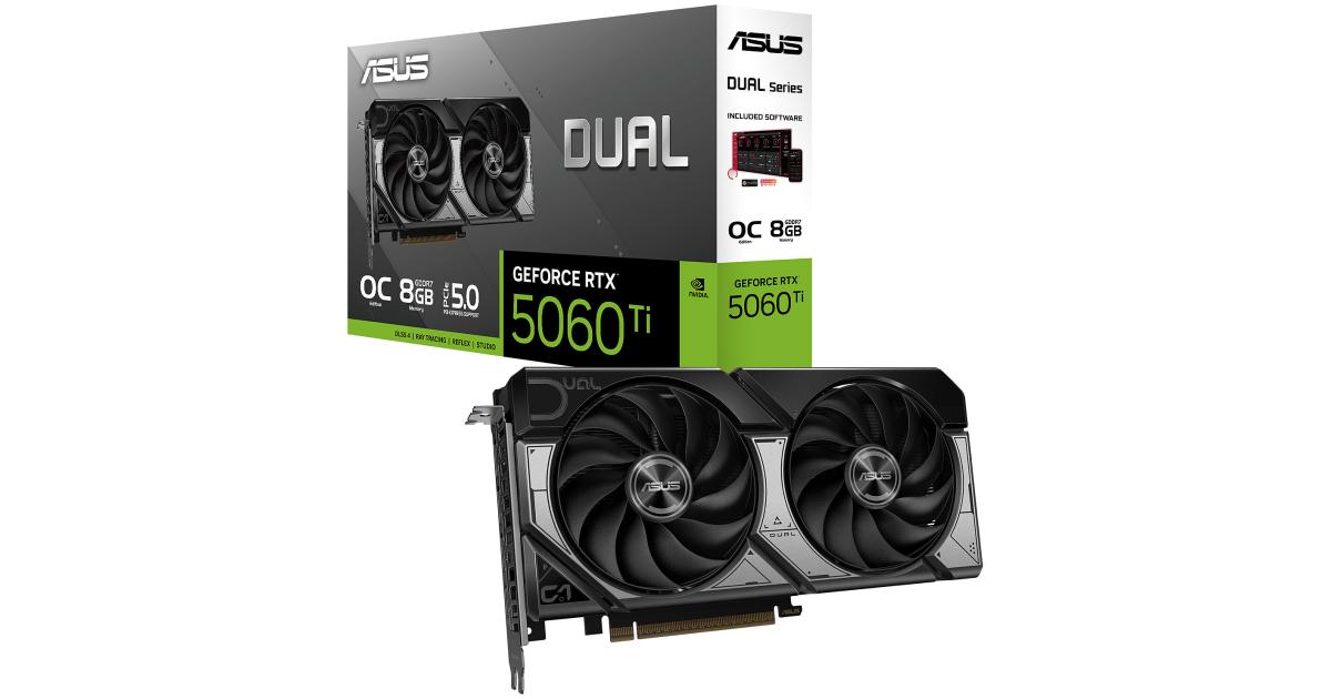 ASUS Dual GeForce RTX 5060 Ti 8GB GDDR7 OC Edition 128-Bit Memory, 2602 MHz Boost Clock, 28 Gbps Memory Speed, 4608 CUDA Cores