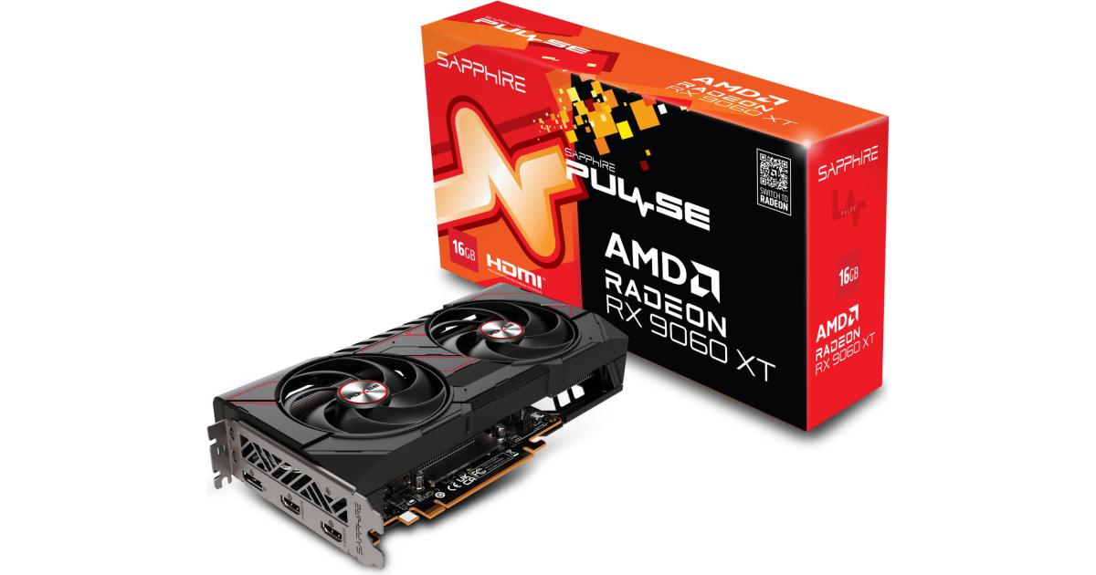 SAPPHIRE PULSE AMD Radeon RX 9060 XT 16GB GDDR6 128-Bit Memory, 3290 MHz Boost Clock, 2048 Stream Processors, 20 Gbps Memory Clock, Black