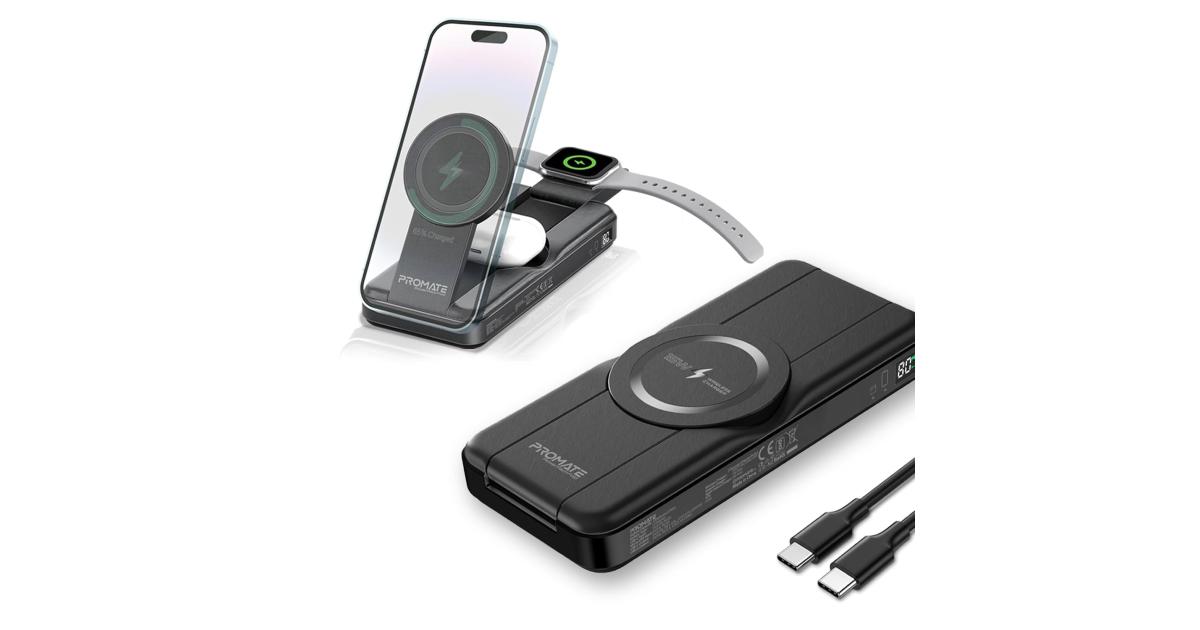 باور بنك (شاحن متنقل) Promate Powerpack-Fold 5 in 1 Magsafe , 10000mah 15W Foldable Wireless Powerbank - iPhone 15/15+/15 Pro/15 Pro Max, 14/14+/14 Pro/Max, Apple Watch, Air Pods, 18W USB QC 3.0 Port, 20W USB-C - Black