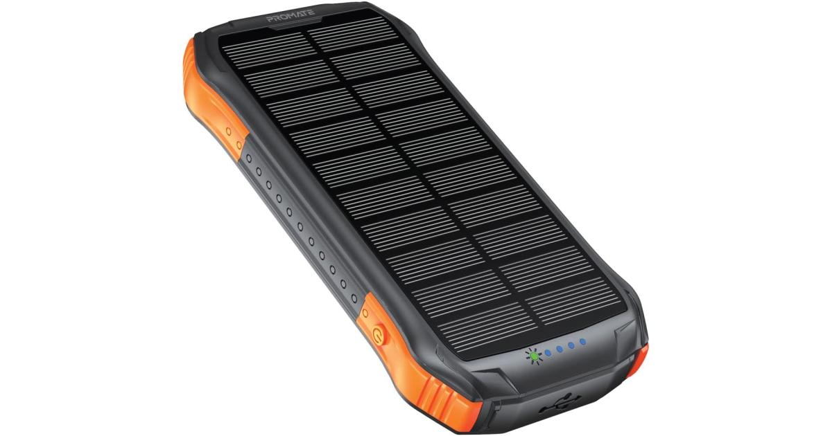 باور بنك (شاحن متنقل) Promate Solar , Portable 10000mAh Battery Charger with IP65 Water Resistant, 10W Qi Charger, 20W USB-C Power Delivery, QC 3.0 Port, 5V/2A USB Port and 300lm LED Light - Black