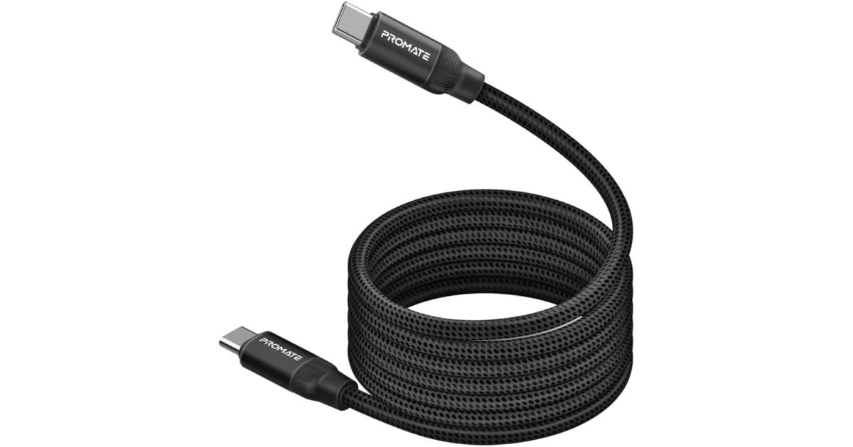 Promate Springy USB-C to USB-C Premium Magnetic Self-Organizing Cable with 60W Power Delivery and 120cm Durable Nylon Braided Sync and Charge Cable, Reversible Connectors, Thick Copper Core - Black