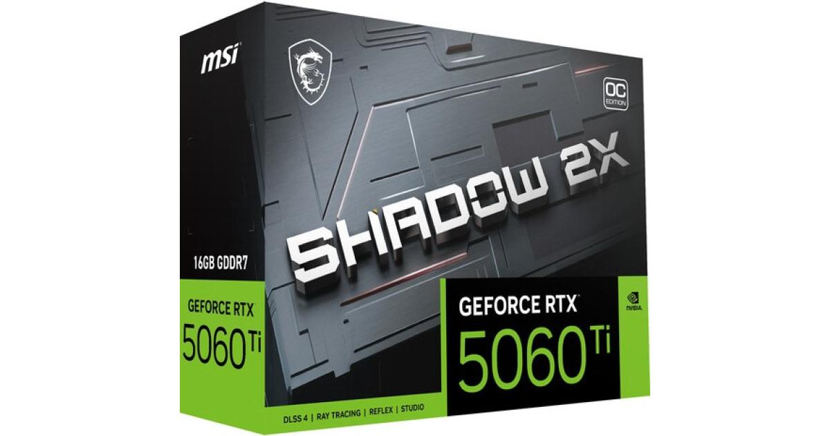 MSI GeForce RTX 5060 Ti 16G SHADOW 2X OC PLUS 16GB GDDR7 128-Bit Memory, 2602 MHz Boost Clock, 28 Gbps Memory Speed, 4608 CUDA Cores, PCI Express Gen 5
