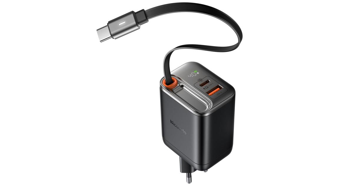 شاحن Mcdodo CH-4280 40W Gan5 USB-C , Dual Port, Retractable Cable Fast Charging Adapter with LED Indicator - Black