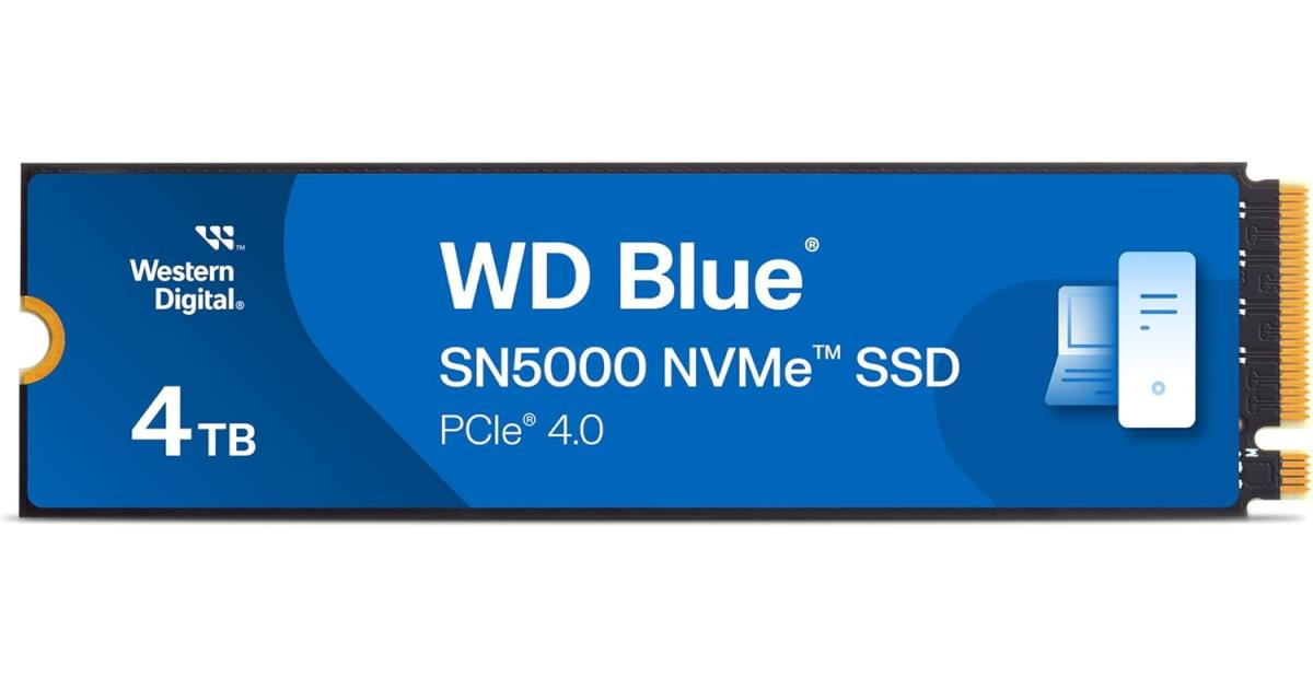 وحدة تخزين SSD داخلية WD Blue SN5000 4TB NVMe - PCIe Gen 4.0, M.2 2280, Up to 5,500 MB/s w/ nCache 4.0 Technology