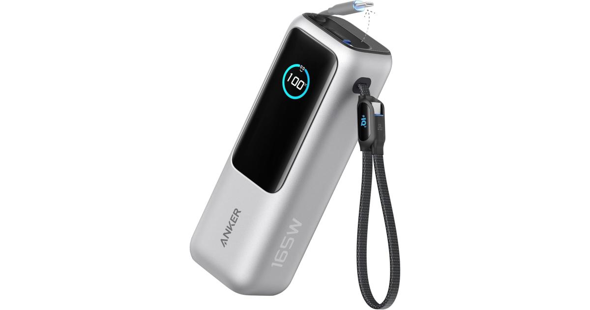 لابتوب آبل MacBook Anker Zolo Power Bank 165W, 25,000mAh Portable Charger with Triple 100W USB-C Ports for Multi-Device Charging, Built-in and Retractable Cables, for iPhone 16/15 Series, , Samsung, and Laptop's - Silver