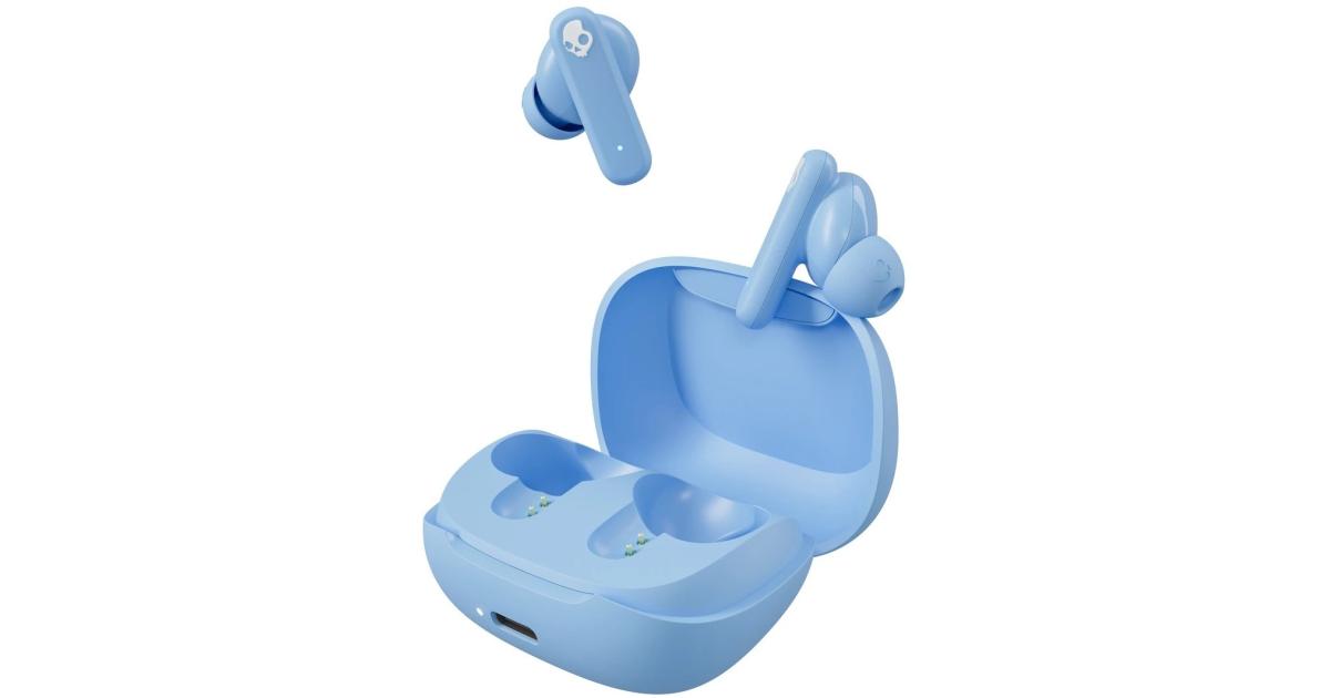 سماعات Skullcandy SMOKIN Buds Wireless Earbuds, Bluetooth , Noise Isolating Fit, Up to 20 Hours Battery, IPX4 Sweat and Water Resistant, Microphone for iPhone Android - Preppy Blue